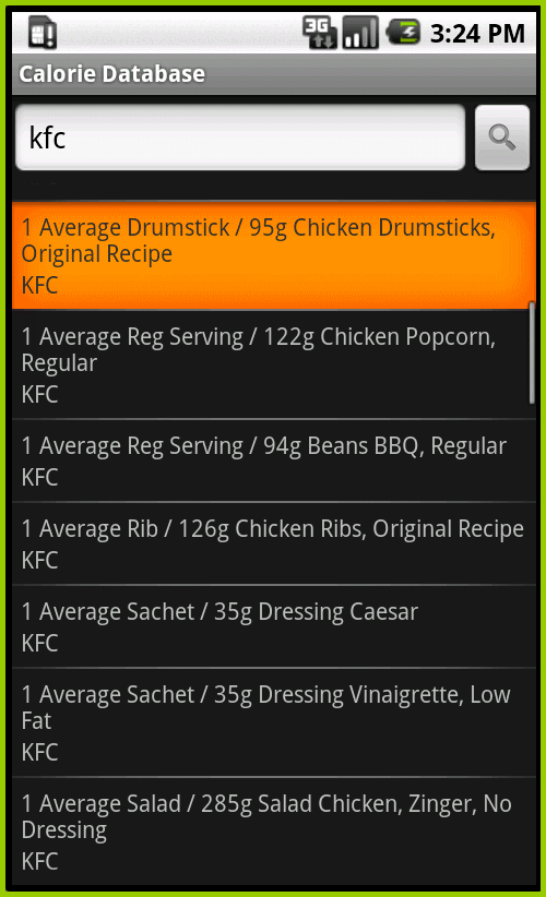 Android Calorie DataBase screenshot